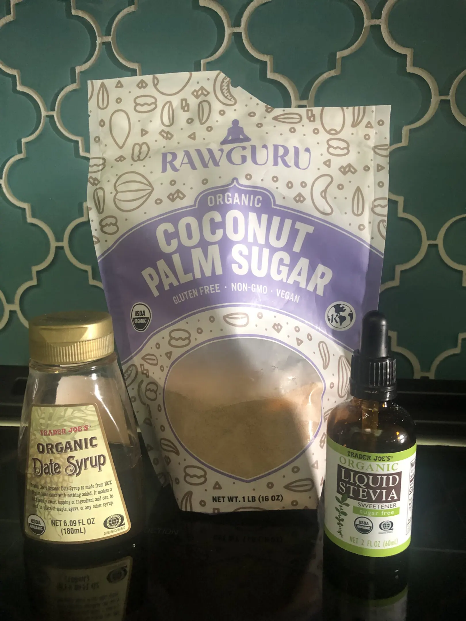 Three natural sweeteners: coconut palm sugar, vanilla beans, and stevia extract.