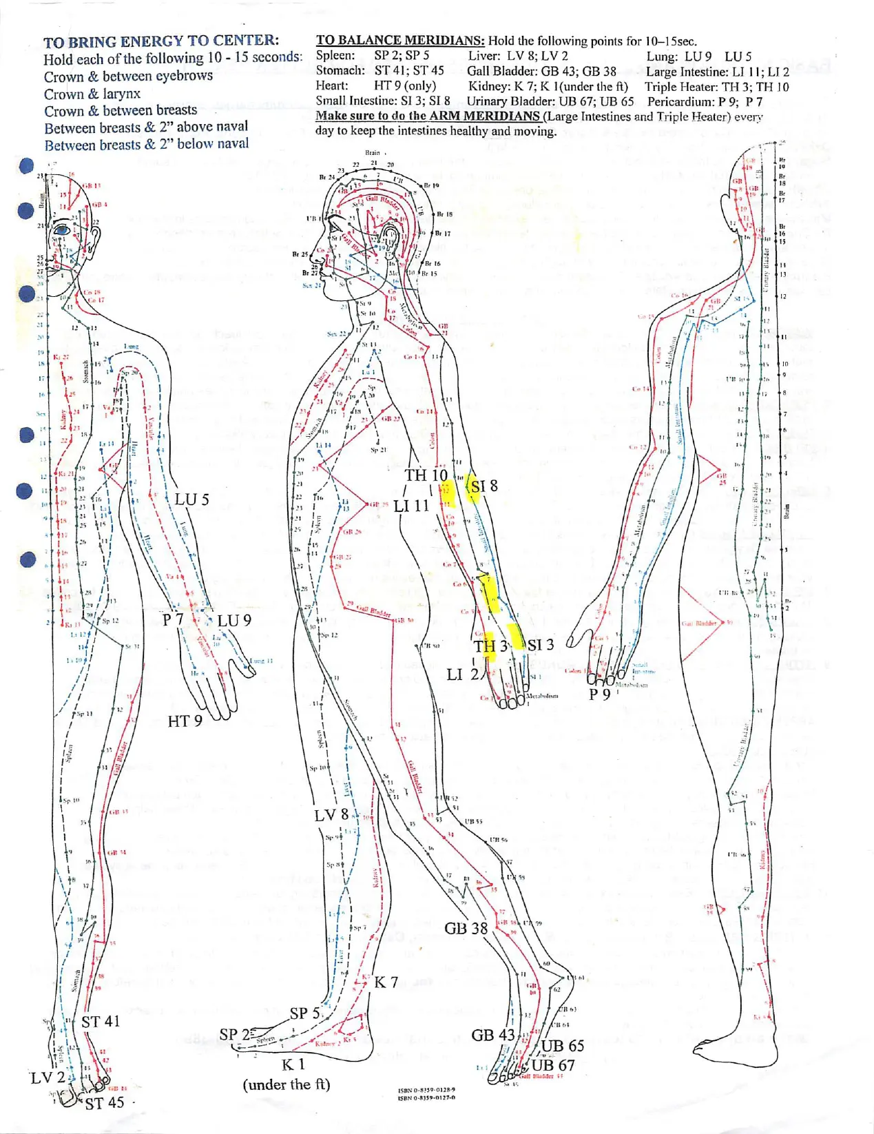 Detailed acupuncture meridian points mapped on a human figure in side and back views.